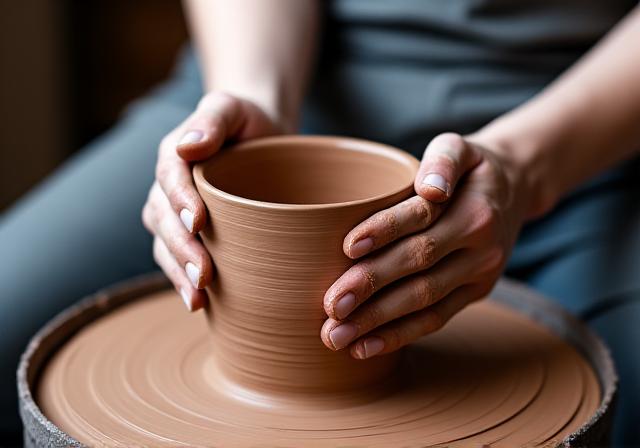 Close-up of a potter refining a clay vessel in a London studio