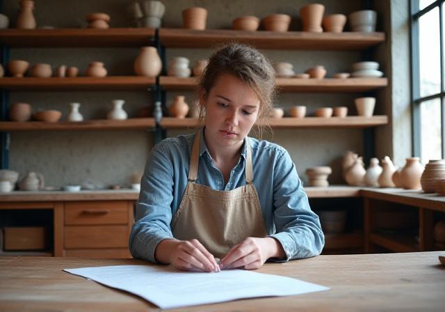 A ceramic artist reviewing a legal document in a sunlit studio surrounded by pottery